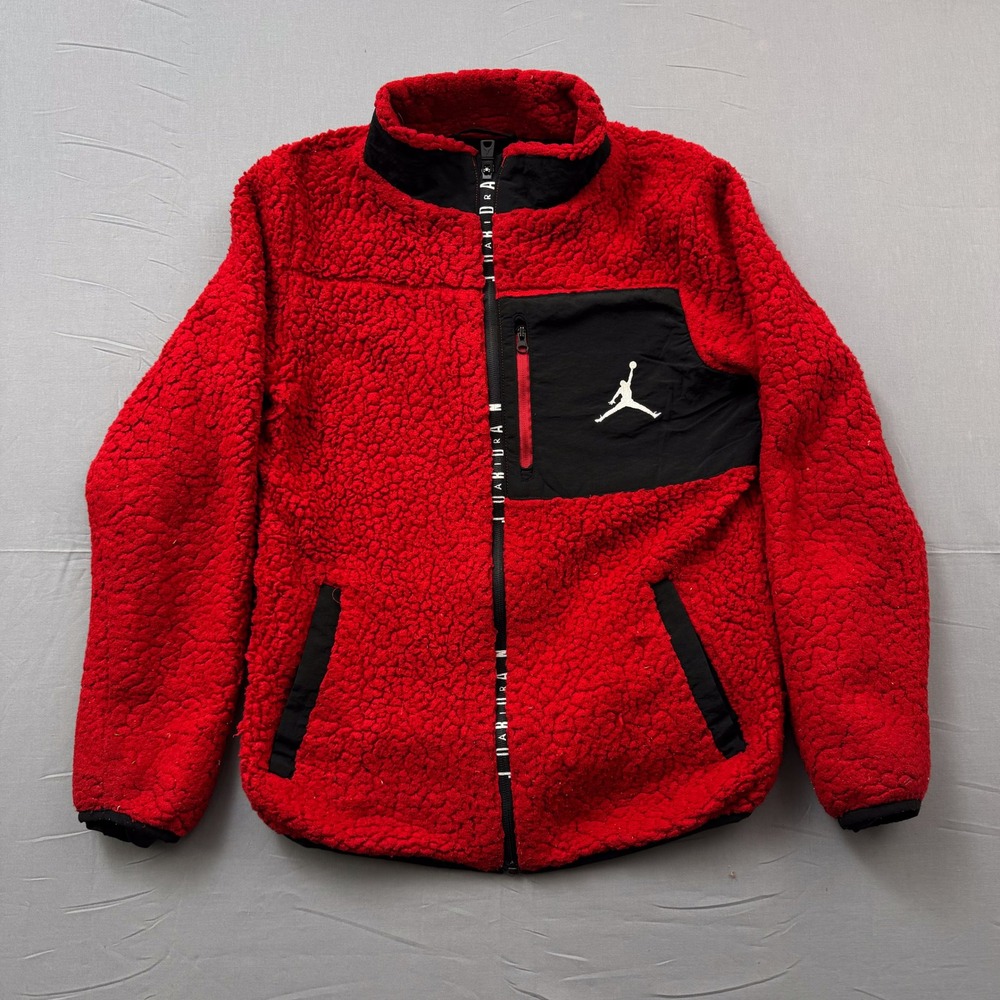 Jordan Boys Red Sherpa Fleece Full Zip Jacket Black Pocket Jumpman Large 12-13Y